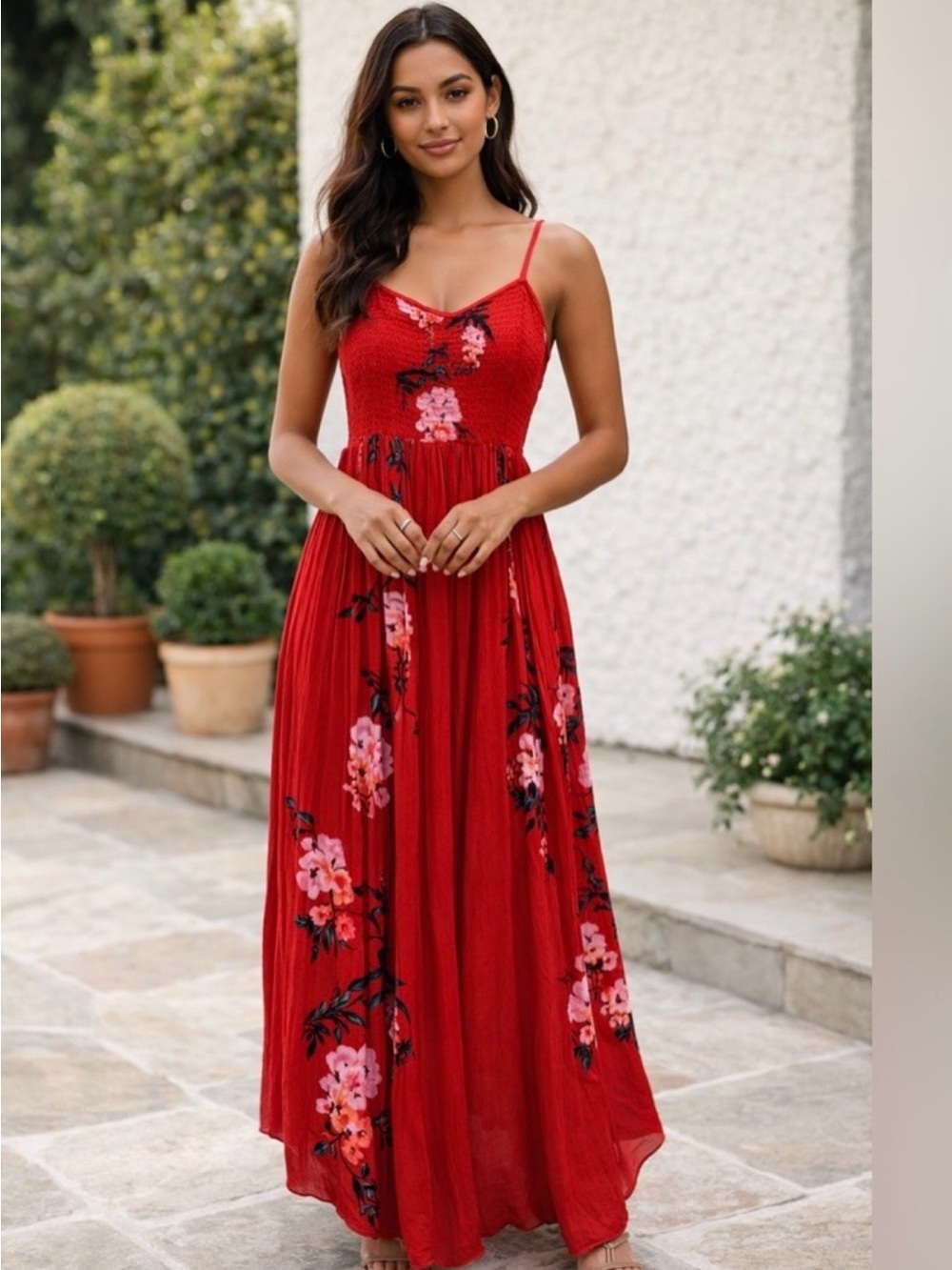 Free People Red Floral Maxi Skirt
